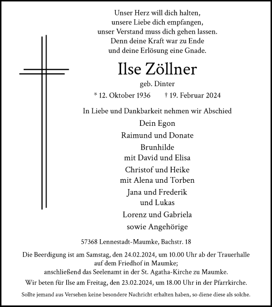 Traueranzeige von Ilse Zöllner von Tageszeitung
