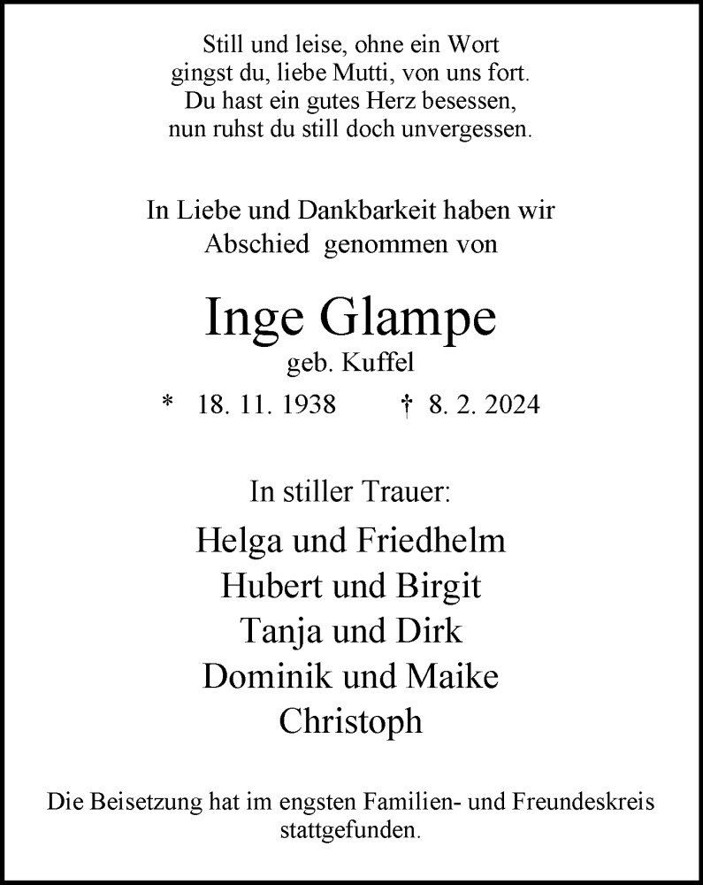  Traueranzeige für Inge Glampe vom 17.02.2024 aus Tageszeitung