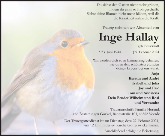 Traueranzeige von Inge Hallay von Tageszeitung