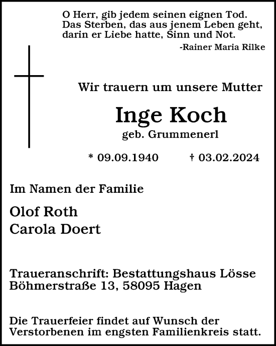 Traueranzeige von Inge Koch von Tageszeitung