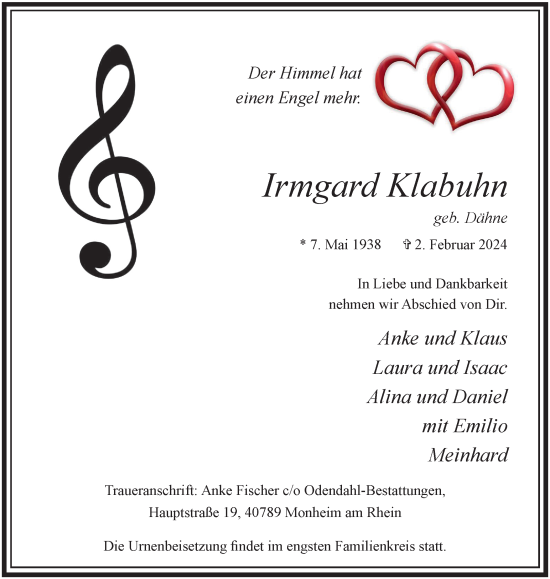 Traueranzeige von Irmgard Klabuhn von Tageszeitung