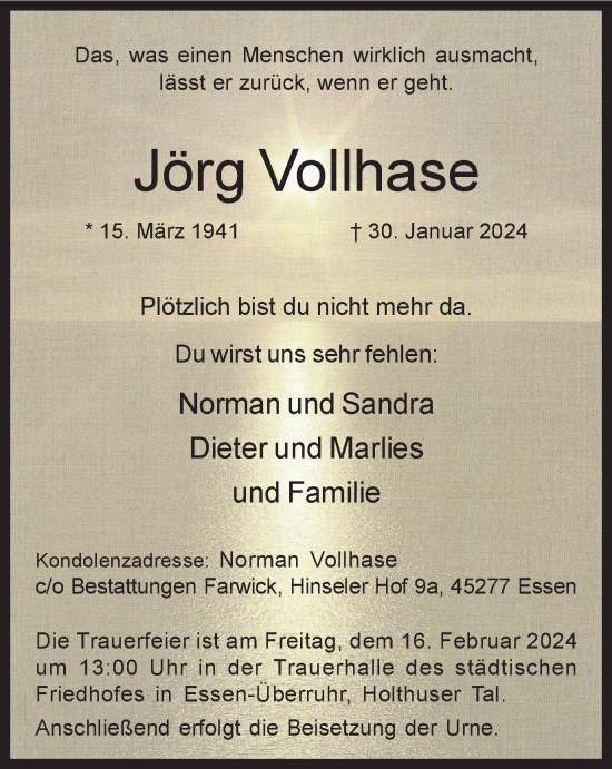 Traueranzeige von Jörg Vollhase von Tageszeitung