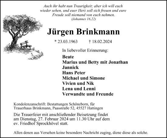 Traueranzeige von Jürgen Brinkmann von Tageszeitung