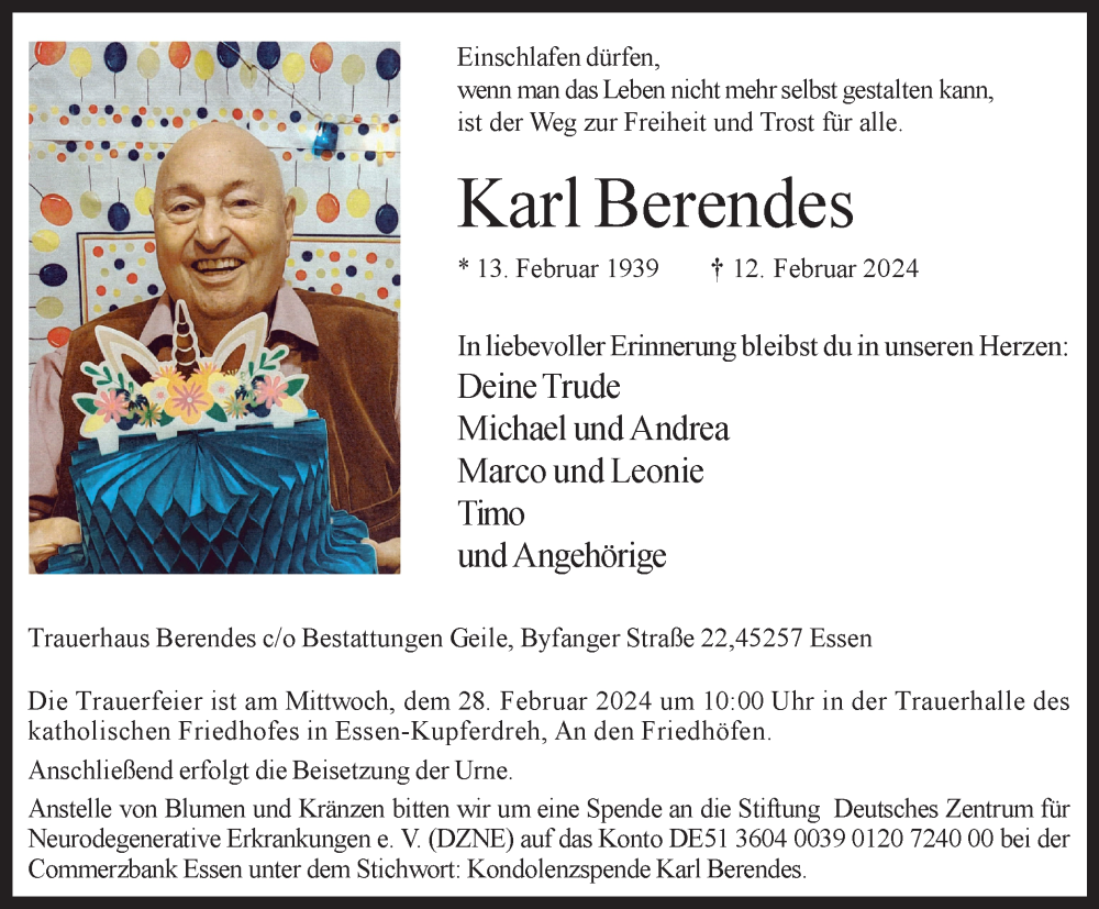  Traueranzeige für Karl Berendes vom 17.02.2024 aus Tageszeitung