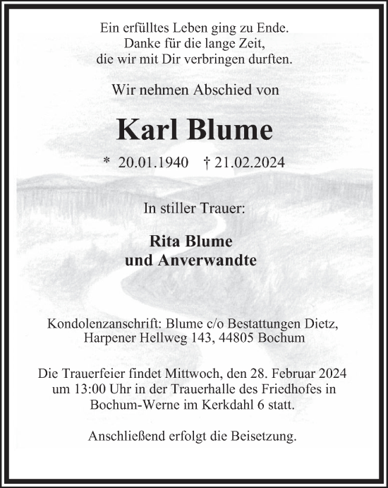 Traueranzeige von Karl Blume von Tageszeitung