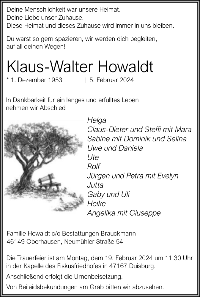  Traueranzeige für Klaus-Walter Howaldt vom 17.02.2024 aus Tageszeitung