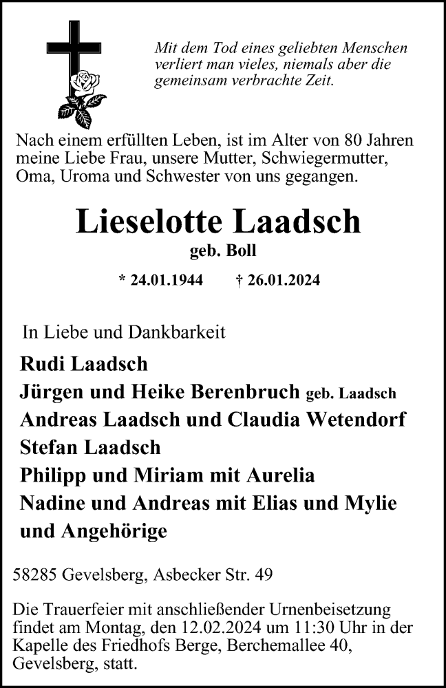  Traueranzeige für Lieselotte Laadsch vom 07.02.2024 aus Tageszeitung