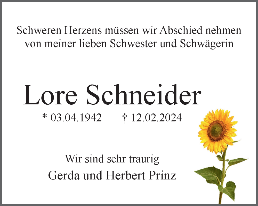  Traueranzeige für Lore Schneider vom 17.02.2024 aus Tageszeitung