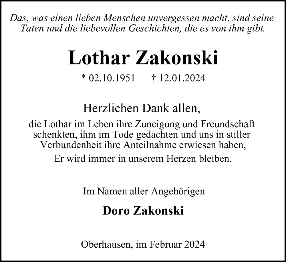 Traueranzeige für Lothar Zakonski vom 24.02.2024 aus Tageszeitung