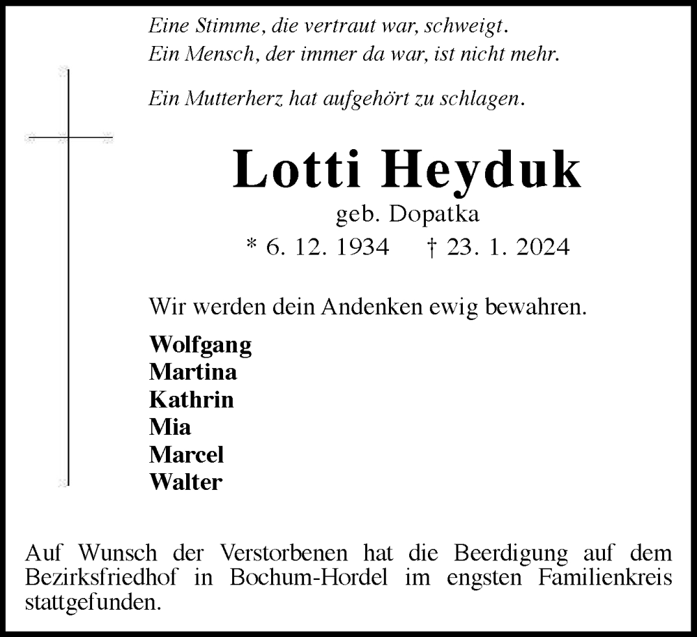  Traueranzeige für Lotti Heyduk vom 17.02.2024 aus Tageszeitung