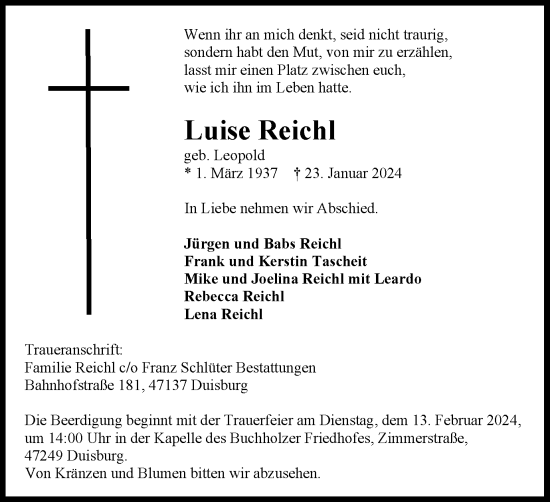 Traueranzeige von Luise Reichl von Tageszeitung