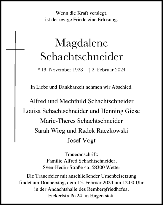 Traueranzeige von Magdalene Schachtschneider von Tageszeitung
