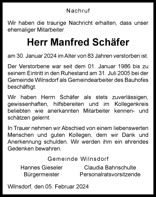 Traueranzeige von Manfred Schäfer von Tageszeitung