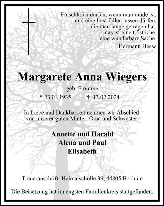 Traueranzeige von Margarete Anna Wiegers von Tageszeitung