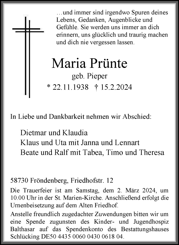  Traueranzeige für Maria Prünte vom 24.02.2024 aus Tageszeitung