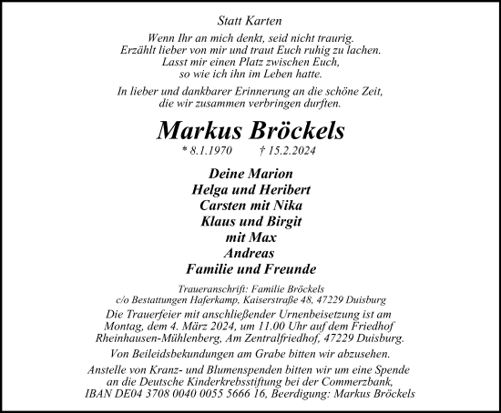 Traueranzeige von Markus Bröckels von Tageszeitung