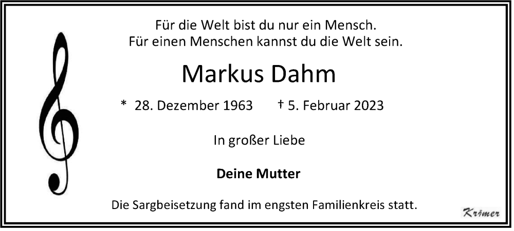  Traueranzeige für Markus Dahm vom 17.02.2024 aus Tageszeitung