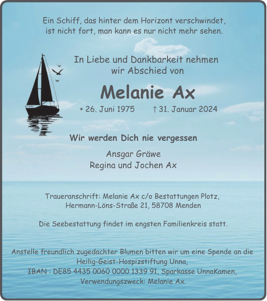 Traueranzeige für Melanie Ax vom 17.02.2024 aus Tageszeitung