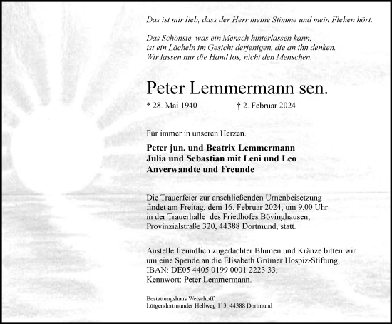 Traueranzeige von Peter Lemmermann von Tageszeitung