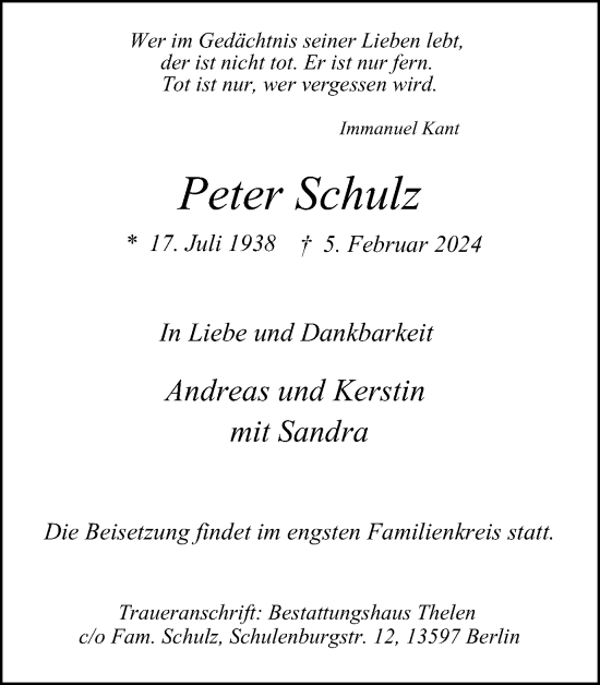 Traueranzeige von Peter Schulz von Tageszeitung