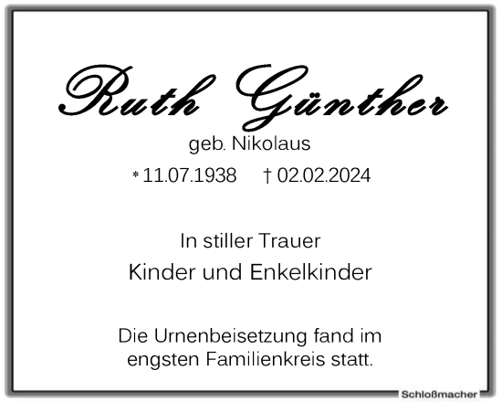 Traueranzeige von Ruth Günther von Tageszeitung