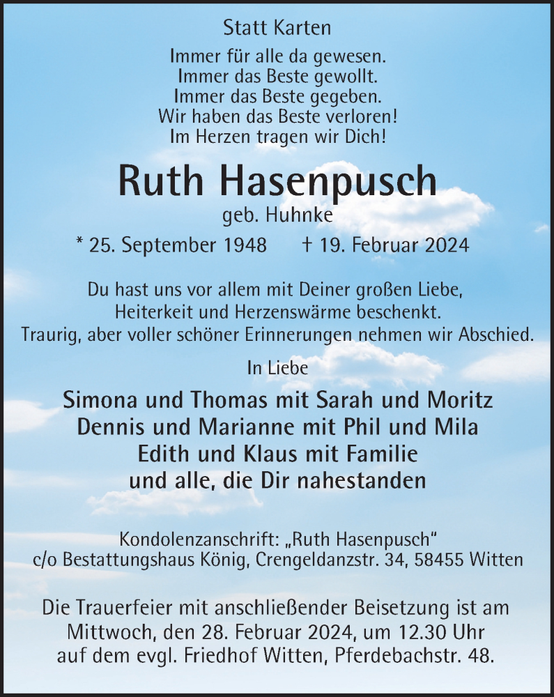  Traueranzeige für Ruth Hasenpusch vom 24.02.2024 aus Tageszeitung