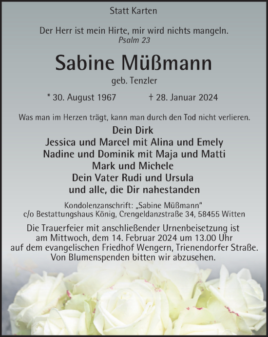 Traueranzeige von Sabine Müßmann von Tageszeitung
