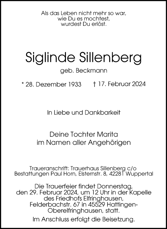 Traueranzeige von Siglinde Sillenberg von Tageszeitung