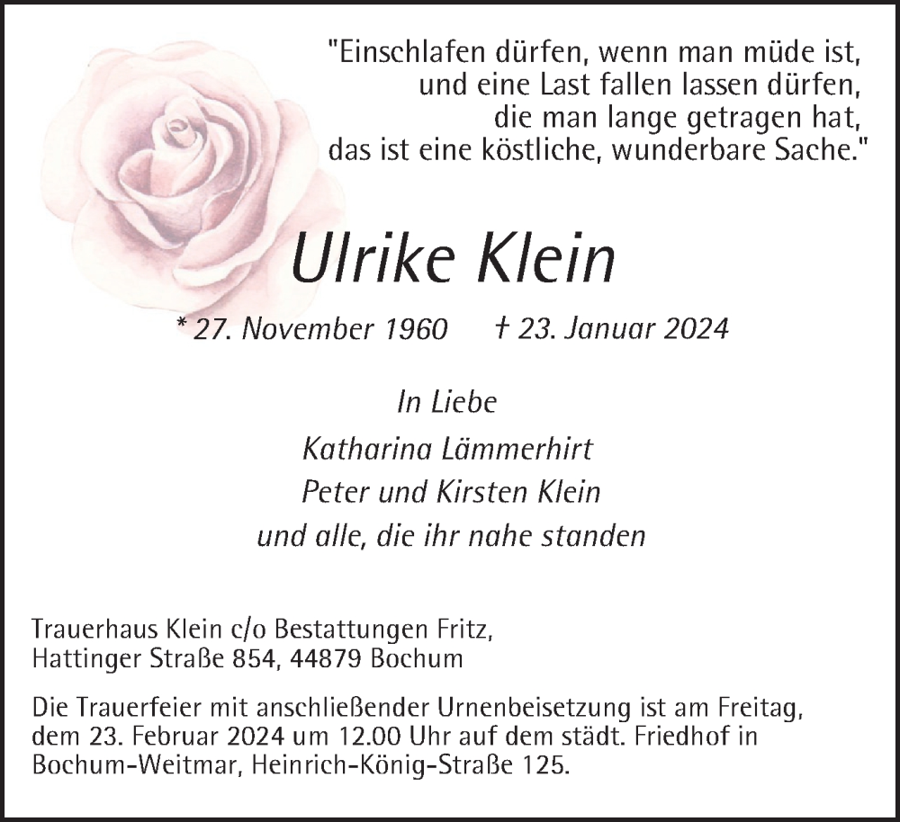  Traueranzeige für Ulrike Klein vom 10.02.2024 aus Tageszeitung