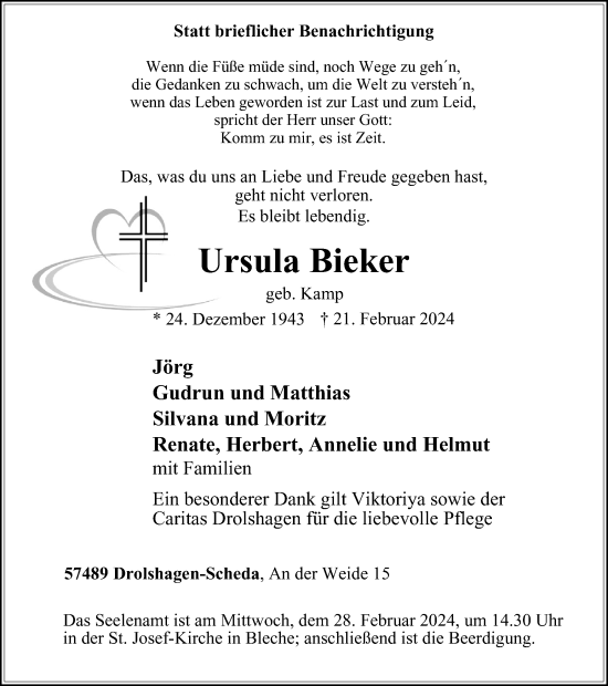 Traueranzeige von Ursula Bieker von Tageszeitung