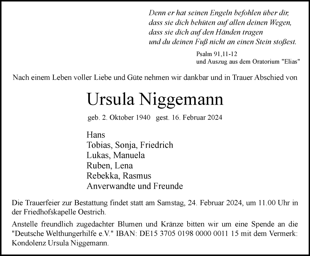  Traueranzeige für Ursula Niggemann vom 21.02.2024 aus Tageszeitung