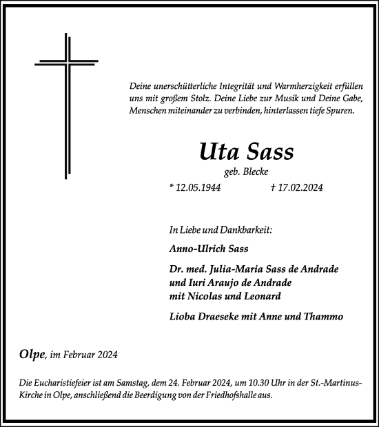 Traueranzeige von Uta Sass von Tageszeitung