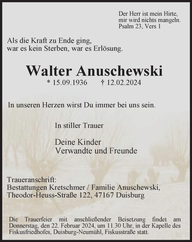  Traueranzeige für Walter Anuschewski vom 17.02.2024 aus Tageszeitung