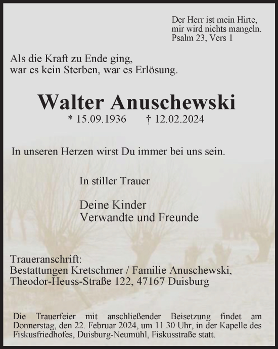 Traueranzeige von Walter Anuschewski von Tageszeitung