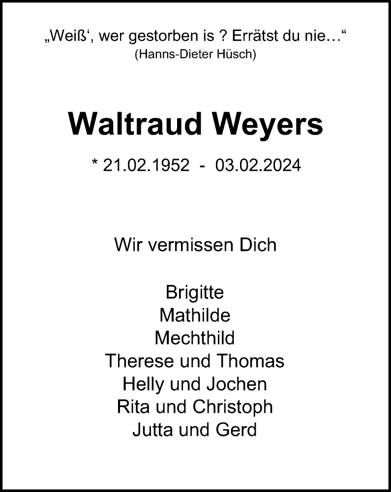  Traueranzeige für Waltraud Weyers vom 17.02.2024 aus Tageszeitung