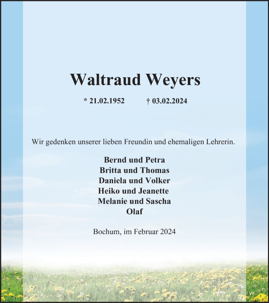 Traueranzeige von Waltraud Weyers von Tageszeitung
