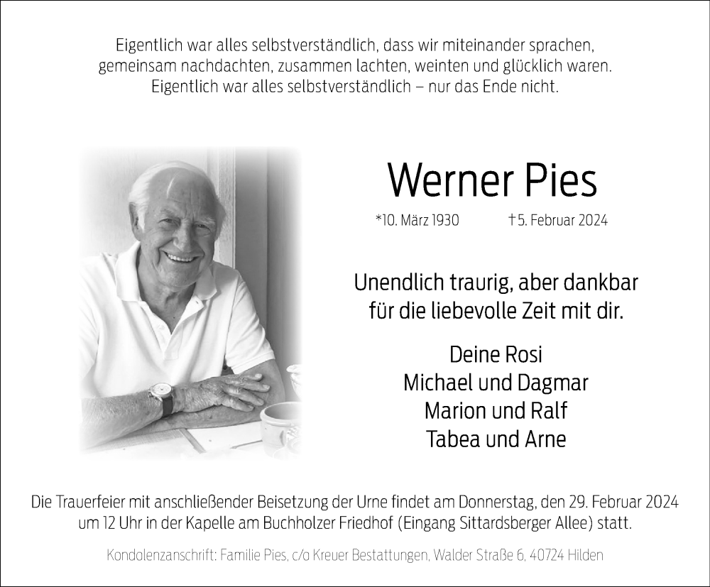  Traueranzeige für Werner Pies vom 17.02.2024 aus Tageszeitung