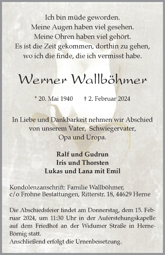 Traueranzeige von Werner Wallböhmer von Tageszeitung