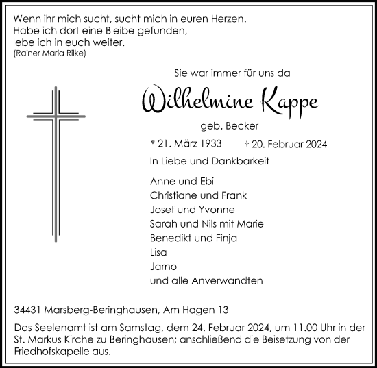 Traueranzeige von Wilhelmine Kappe von Tageszeitung
