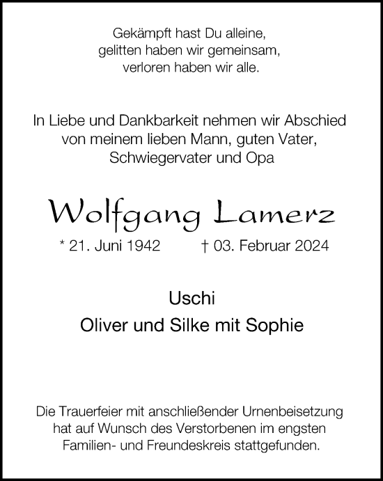 Traueranzeige von Wolfgang Lamerz von Tageszeitung