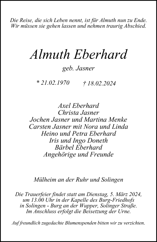 Traueranzeige von Almuth Eberhard von Tageszeitung