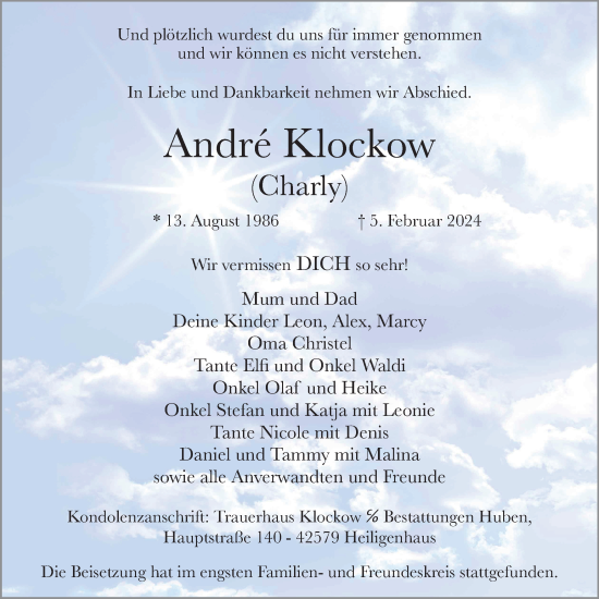 Traueranzeige von André Klockow von Tageszeitung