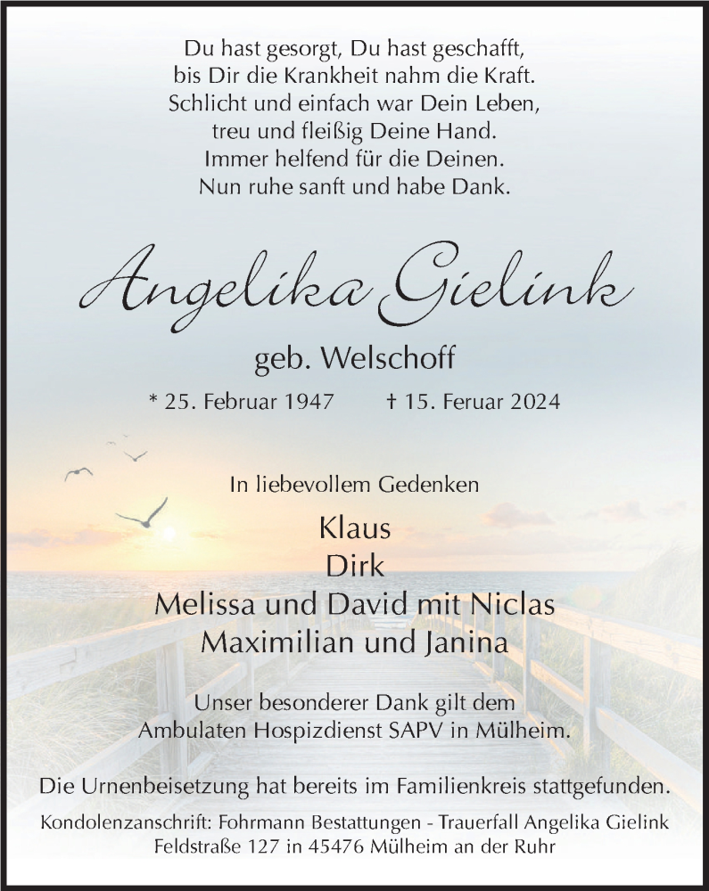  Traueranzeige für Angelika Gielink vom 02.03.2024 aus Tageszeitung