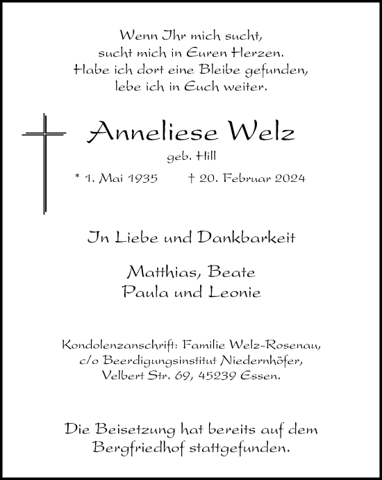 Traueranzeige von Anneliese Welz von Tageszeitung