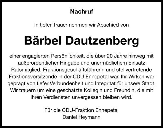 Traueranzeige von Bärbel Dautzenberg von Tageszeitung