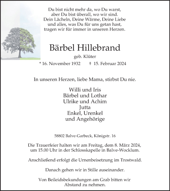 Traueranzeige von Bärbel Hillebrand von Tageszeitung