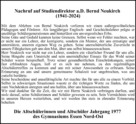 Traueranzeige von Bernd Neukirch von Tageszeitung