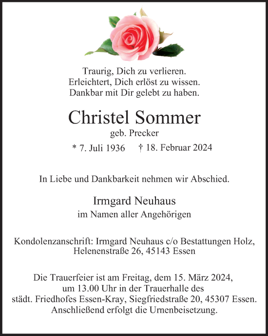 Traueranzeige von Christel Sommer von Tageszeitung