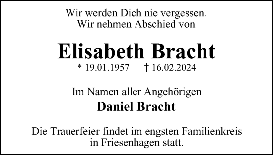Traueranzeige von Elisabeth Bracht von Tageszeitung
