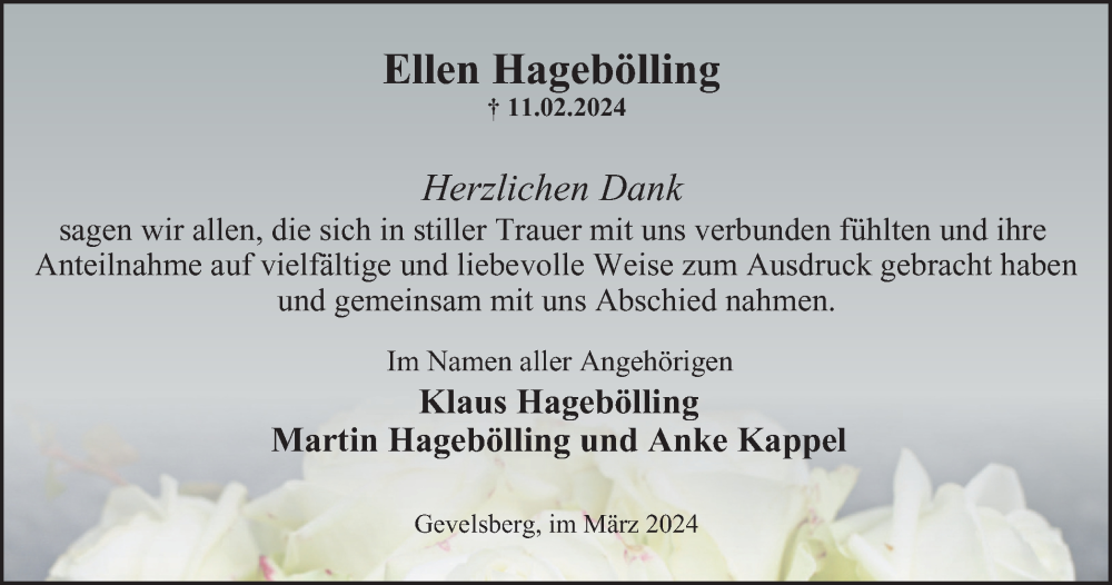  Traueranzeige für Ellen Hagebölling vom 02.03.2024 aus Tageszeitung
